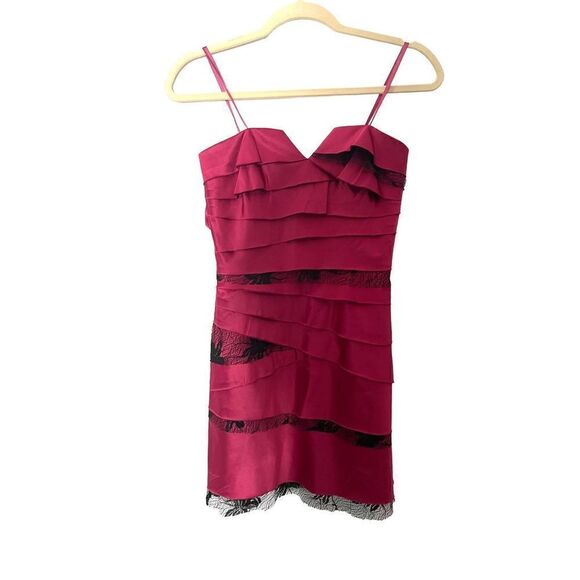 Pink satin strapless ruffle dress with lace - Picture 1 of 7